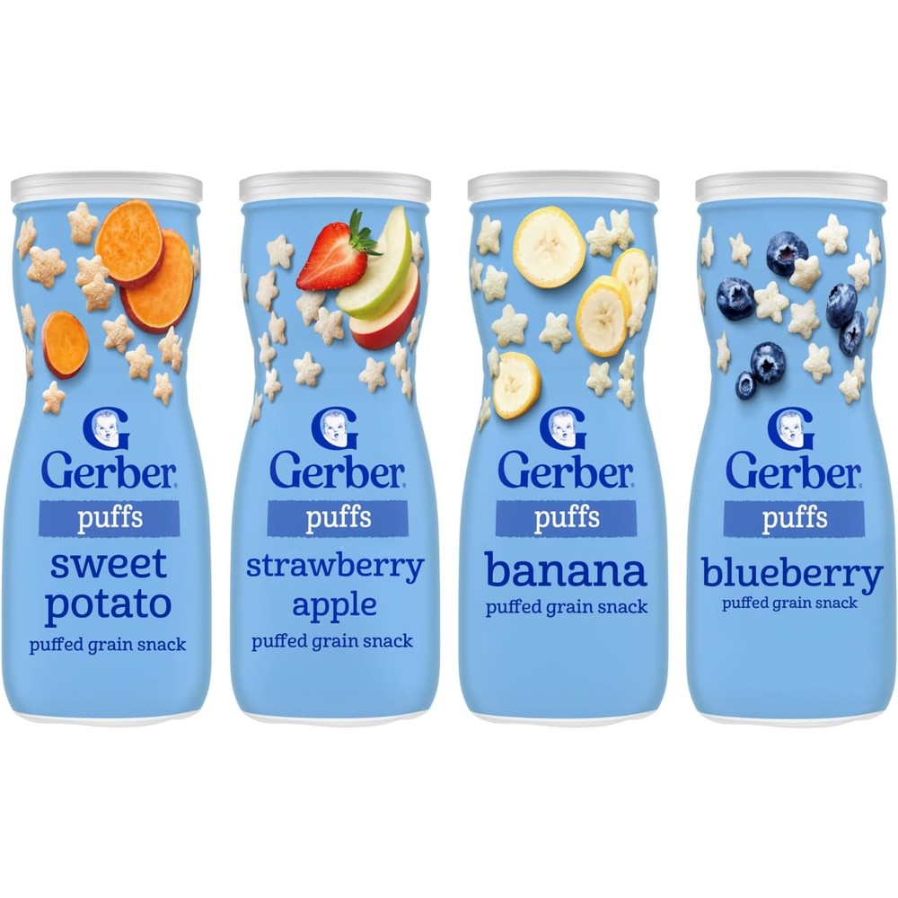 Gerber Graduates Grain And Grow Puffs Variety Pack front view showing four canisters
