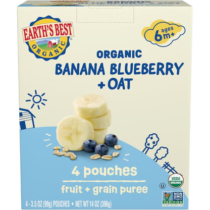 Earth's Best Organic Banana Blueberry and Oat baby food pouch front view