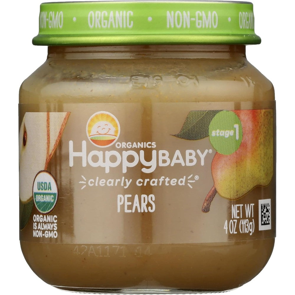 Happy Baby Organic Stage 1 Pears front view of 4 ounce glass jar