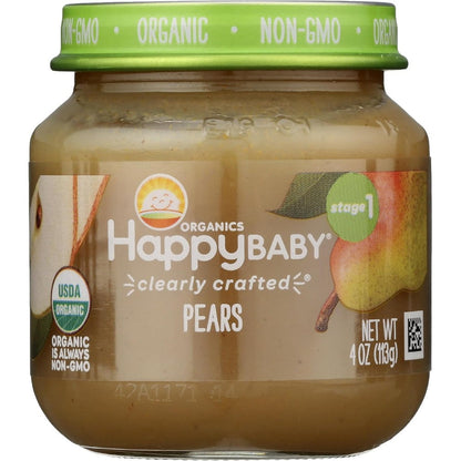Happy Baby Organic Stage 1 Pears front view of 4 ounce glass jar