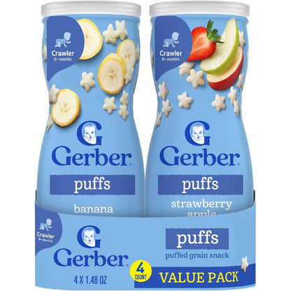 Gerber Baby Puffs Variety Pack front view showing banana and strawberry apple canisters