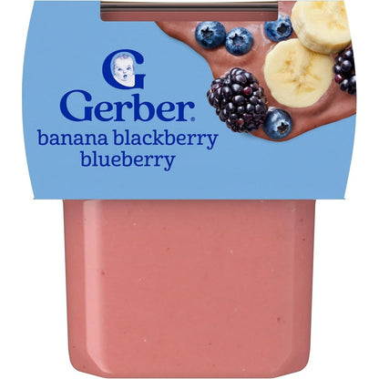 Gerber Stage 2 Banana Blackberry Blueberry puree tubs front view