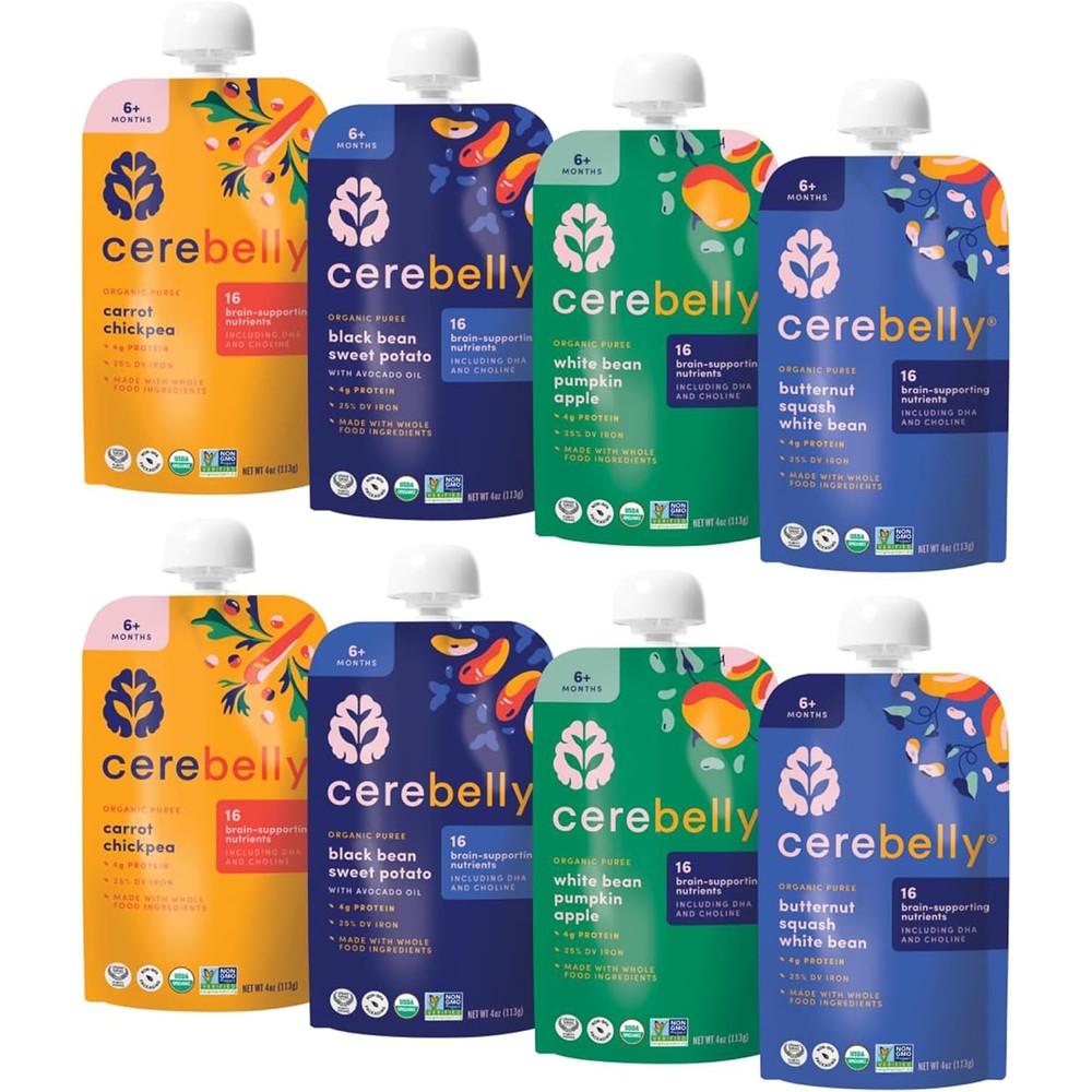 Cerebelly Organic Baby Food Pouches Variety Pack Veggie And Bean Purees 16 Nutrients No Added Sugar Non-GMO 4 Ounce 8 Pack - Image 1