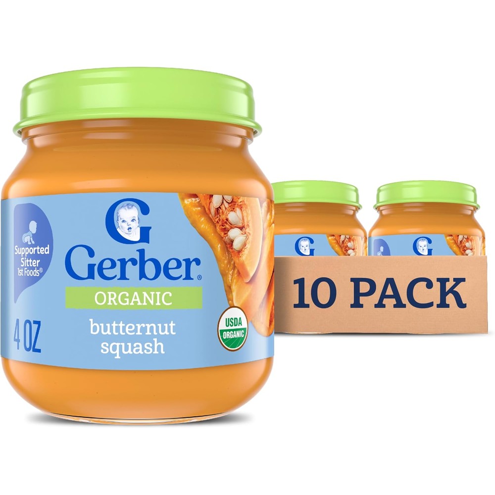 Gerber Stage 1 Organic Butternut Squash baby food jar front view