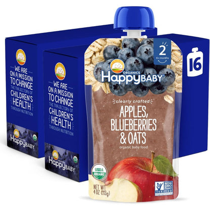 Happy Baby Organics Stage 2 Apple Blueberry and Oat pouch front view