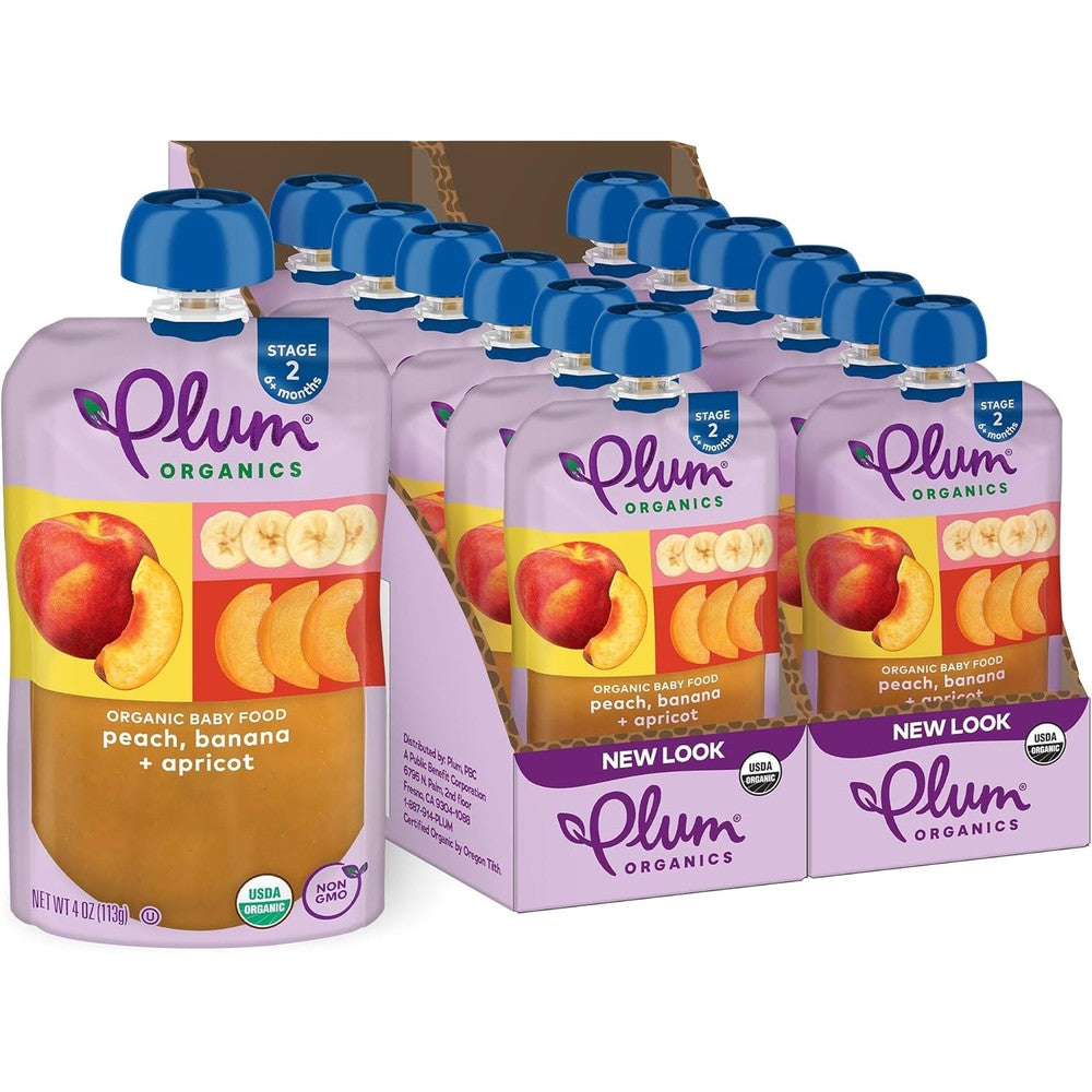 Plum Organics Stage 2 peach banana and apricot baby food pouches front view