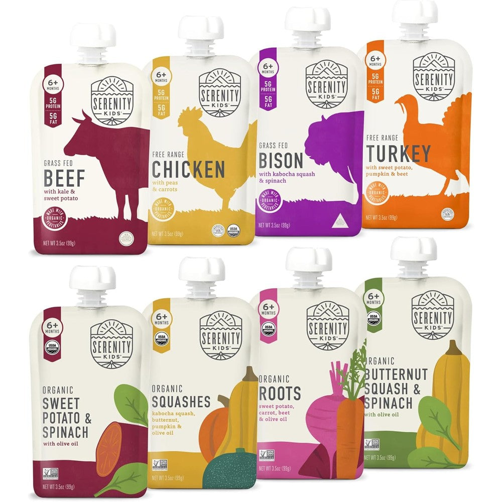 Serenity Kids organic baby food pouches front view