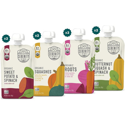 Serenity Kids organic veggie baby food pouches front view