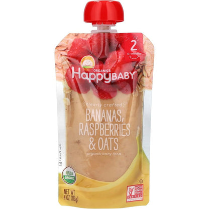 Happy Baby Organics Stage 2 banana raspberry and oat baby food pouch front view