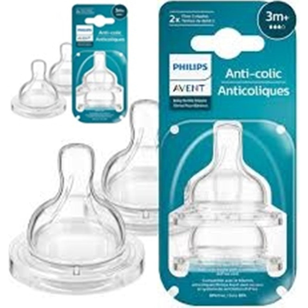 Philips Avent anti-colic baby bottle flow 3 nipple packaging front view showing authentic medium flow teats.