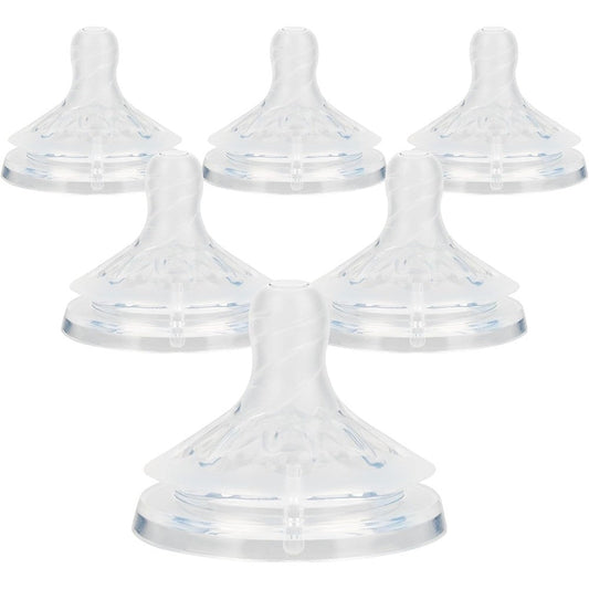 Joyfeed silicone bottle nipples six count package front view showing wide breast-like shape.