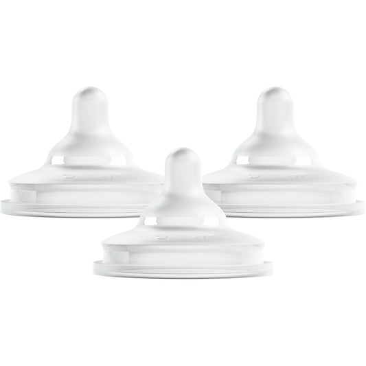 Boon Nursh Curve Silicone Baby Bottle Nipples three pack front view showcasing the slow flow stage one design
