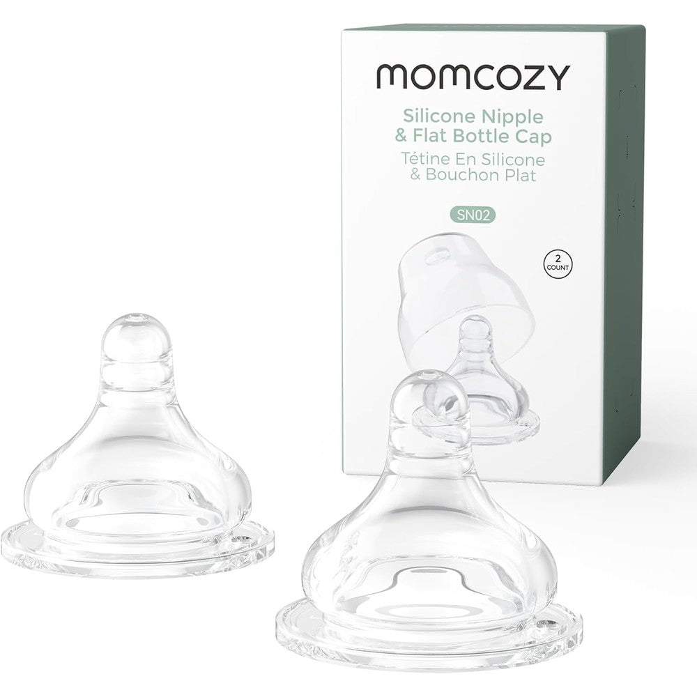 Momcozy Soft Baby Nipple front view pack of two premium silicone teats for infants.