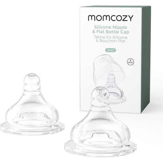 Momcozy Soft Baby Nipple front view pack of two premium silicone teats for infants.