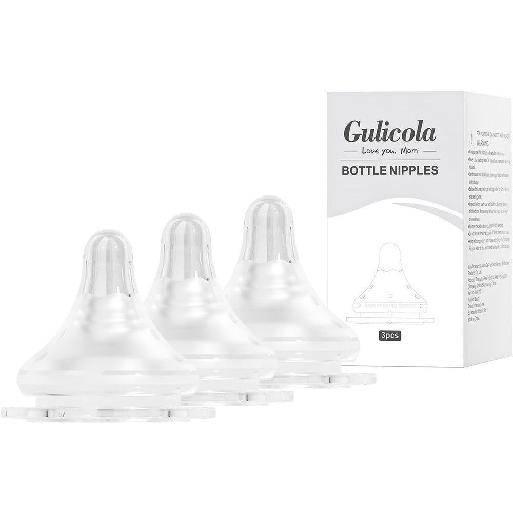 Gulicola Natural Flow Baby Bottle Silicone Nipple Level 1 front view of three pack packaging