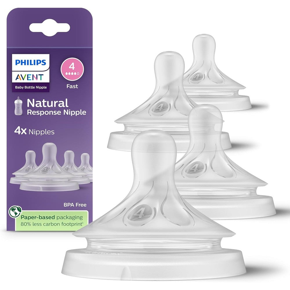 Philips Avent Natural Response Nipples Fast Flow Flow Four Pack front view showcasing the silicone baby bottle teats.