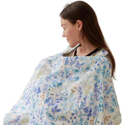 Tillyou muslin nursing cover blue floral pattern front view