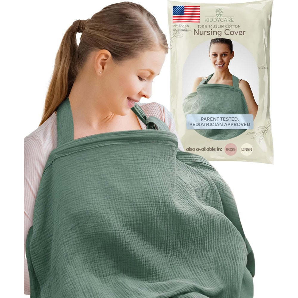 Kiddycare muslin cotton nursing cover in basil color front view