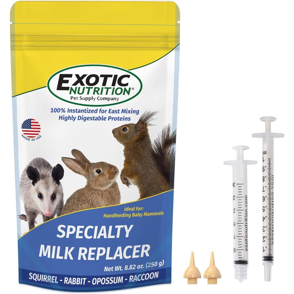 Exotic Nutrition Baby Squirrel Nursing Set front view with milk replacer pouch