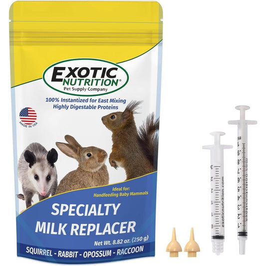 Exotic Nutrition Baby Squirrel Nursing Set front view with milk replacer pouch