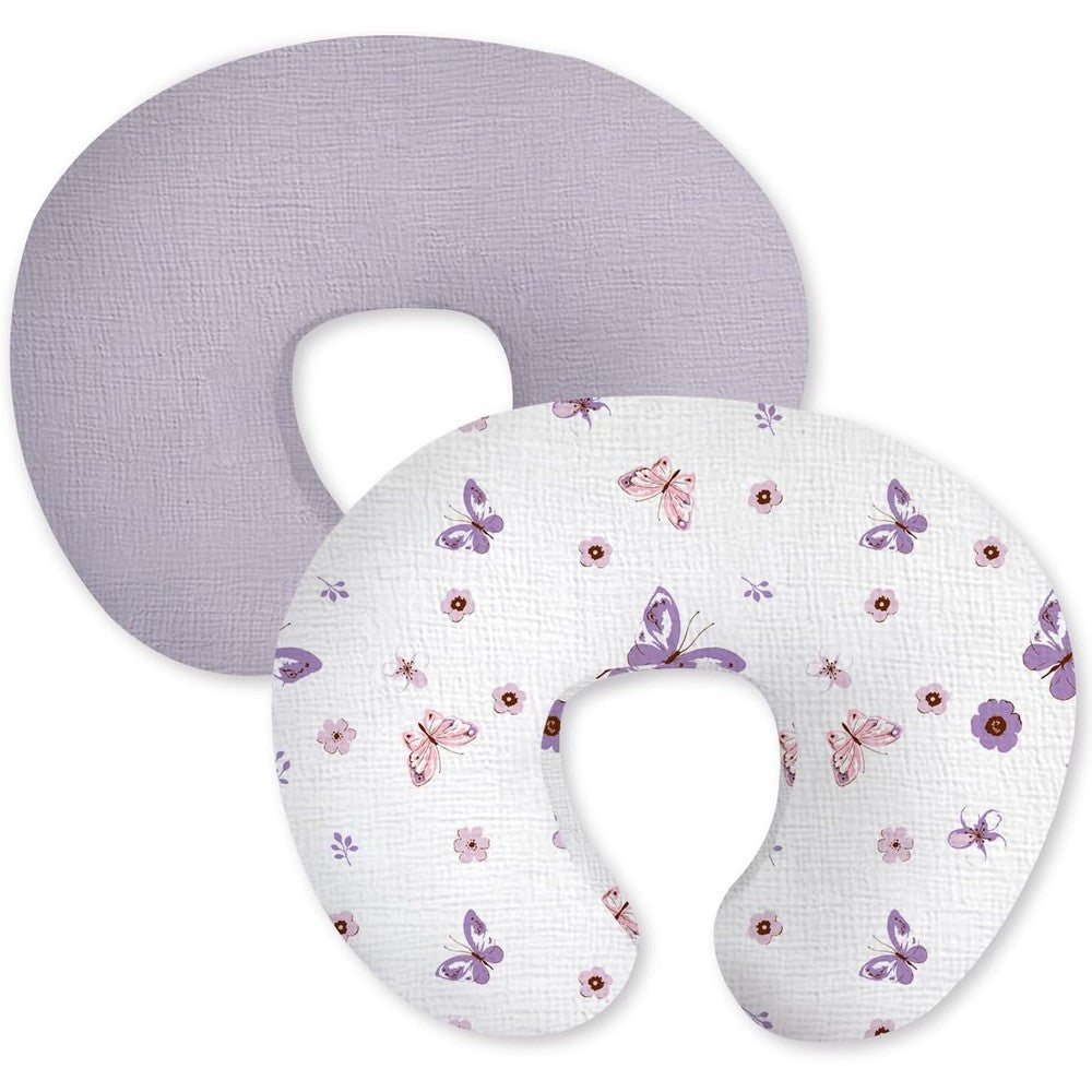 Little Grape Land muslin nursing pillow covers front view purple butterfly print