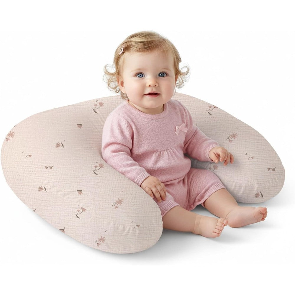 Little Grape Land Muslin Nursing Pillow front view in Fog Flower