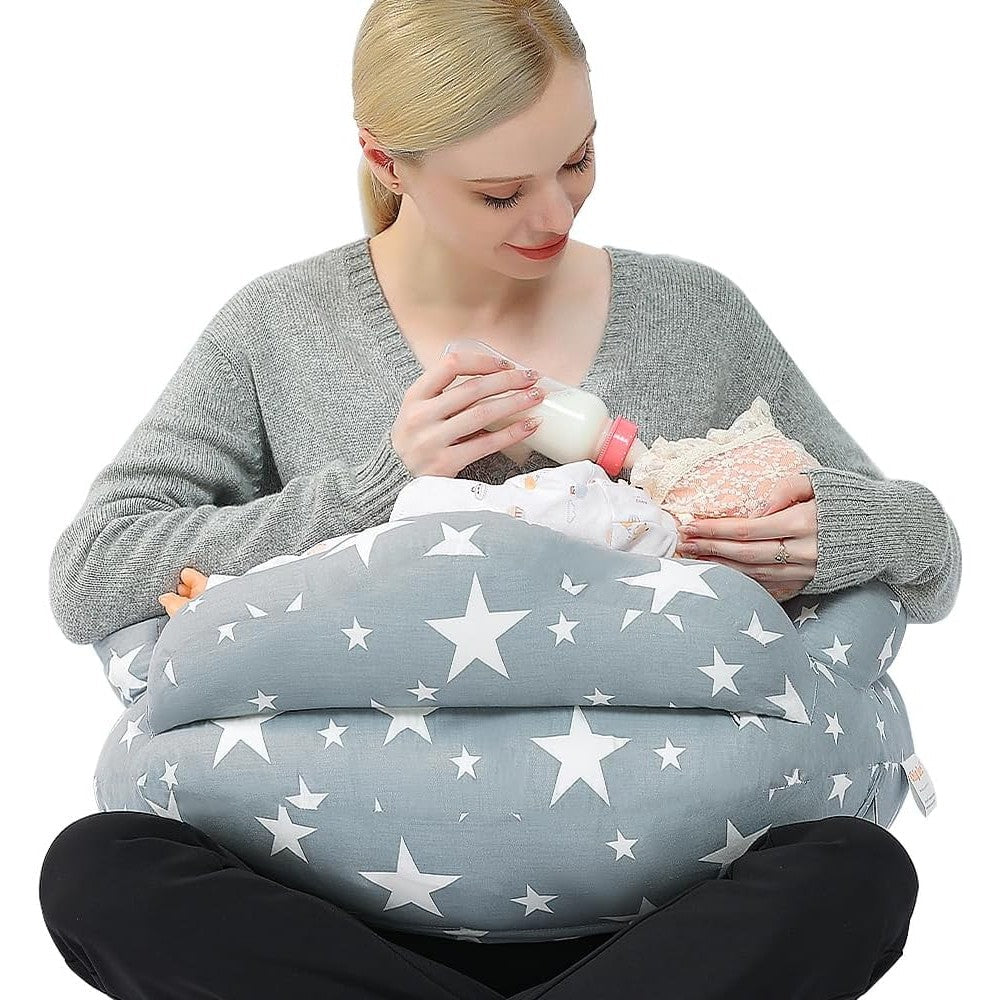 Chilling Home nursing pillow front view showing grey pattern and ergonomic design