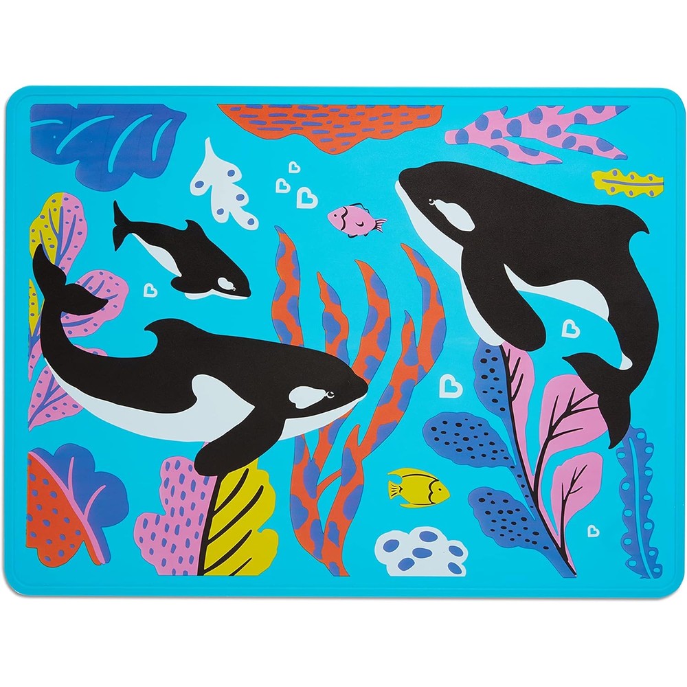 Munchkin WildLove Reversible Silicone Placemat for Kids front view showing the blue ocean orca whale illustration