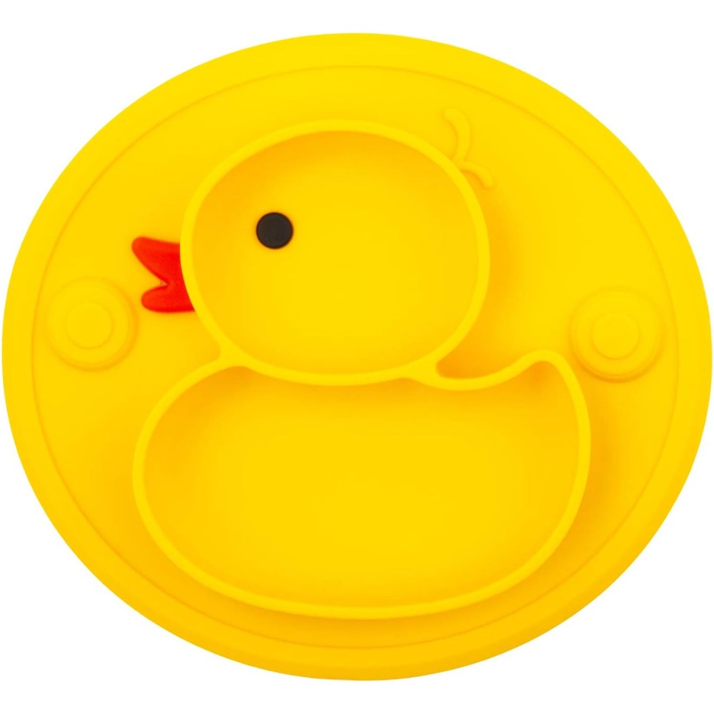 Linowos silicone divided toddler plate front view in duck yellow color