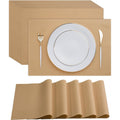 Servietto disposable wood paper placemats front view on a rustic dining table setting.