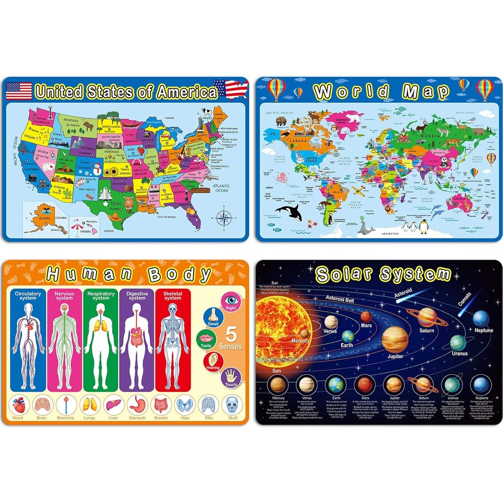 Patelai 4 Pieces Kids Educational Placemats front view showing the solar system map design.