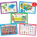 Simply Magic 5 Educational Placemats for Kids front view showing multi-colored world map and periodic table designs