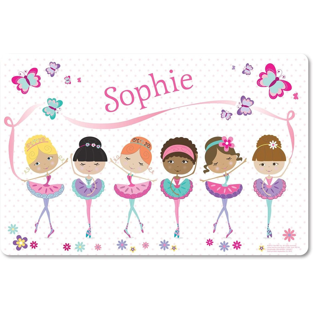 I See Me! personalized ballerina placemat front view showcasing custom name illustration for children dining table setup