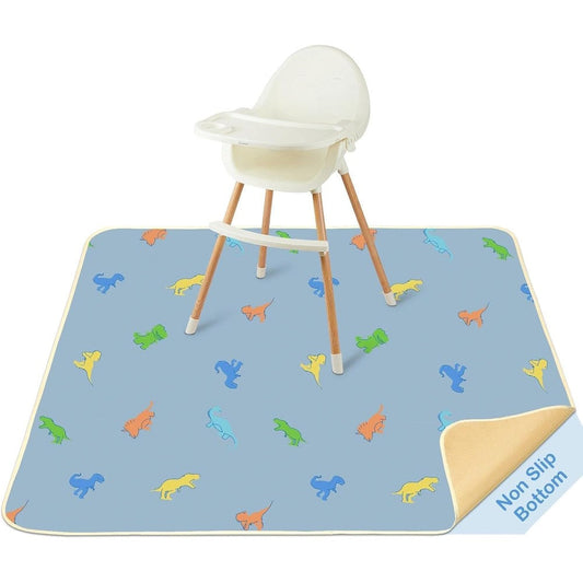 BeBeJoJo splat mat for under high chair blue dinosaur pattern front view fully laid out on kitchen floor