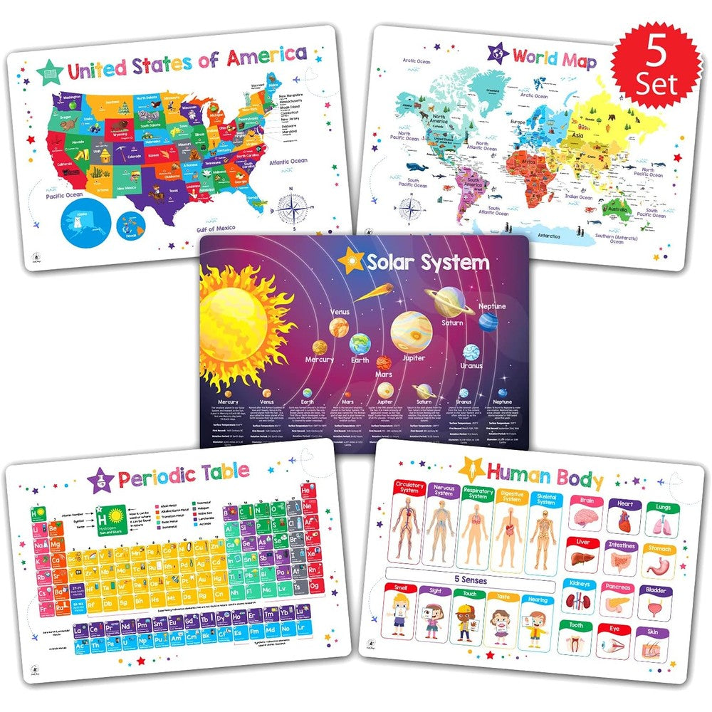 Simply Magic Discovery Educational Placemats front view showing five colorful learning themes for kids table setting.