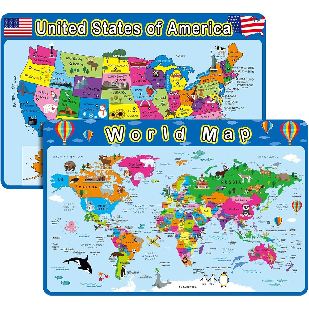 Patelai 2 Piece Educational Placemats front view featuring kids world map and United States map layouts.