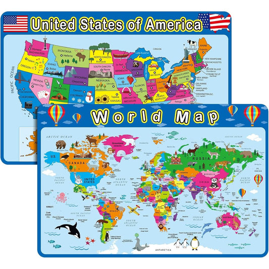 Patelai 2 Piece Educational Placemats front view featuring kids world map and United States map layouts.