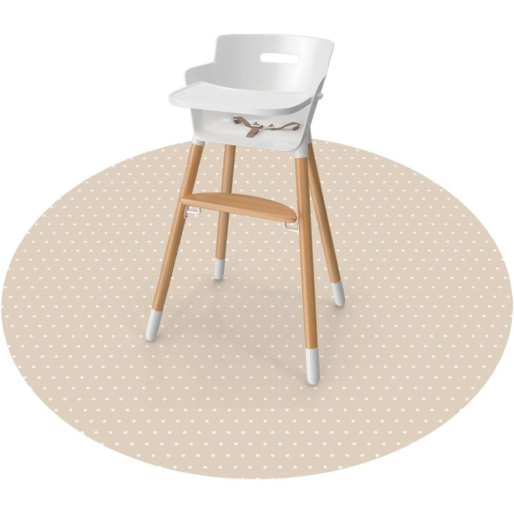 WeeSprout Baby Splat Mat in Dotted Sand round variant front view under a wooden baby high chair