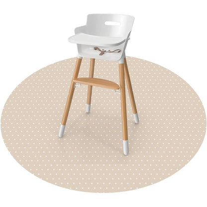 WeeSprout Baby Splat Mat in Dotted Sand round variant front view under a wooden baby high chair