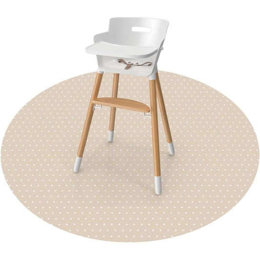 WeeSprout Baby Splat Mat in Dotted Sand round variant front view under a wooden baby high chair