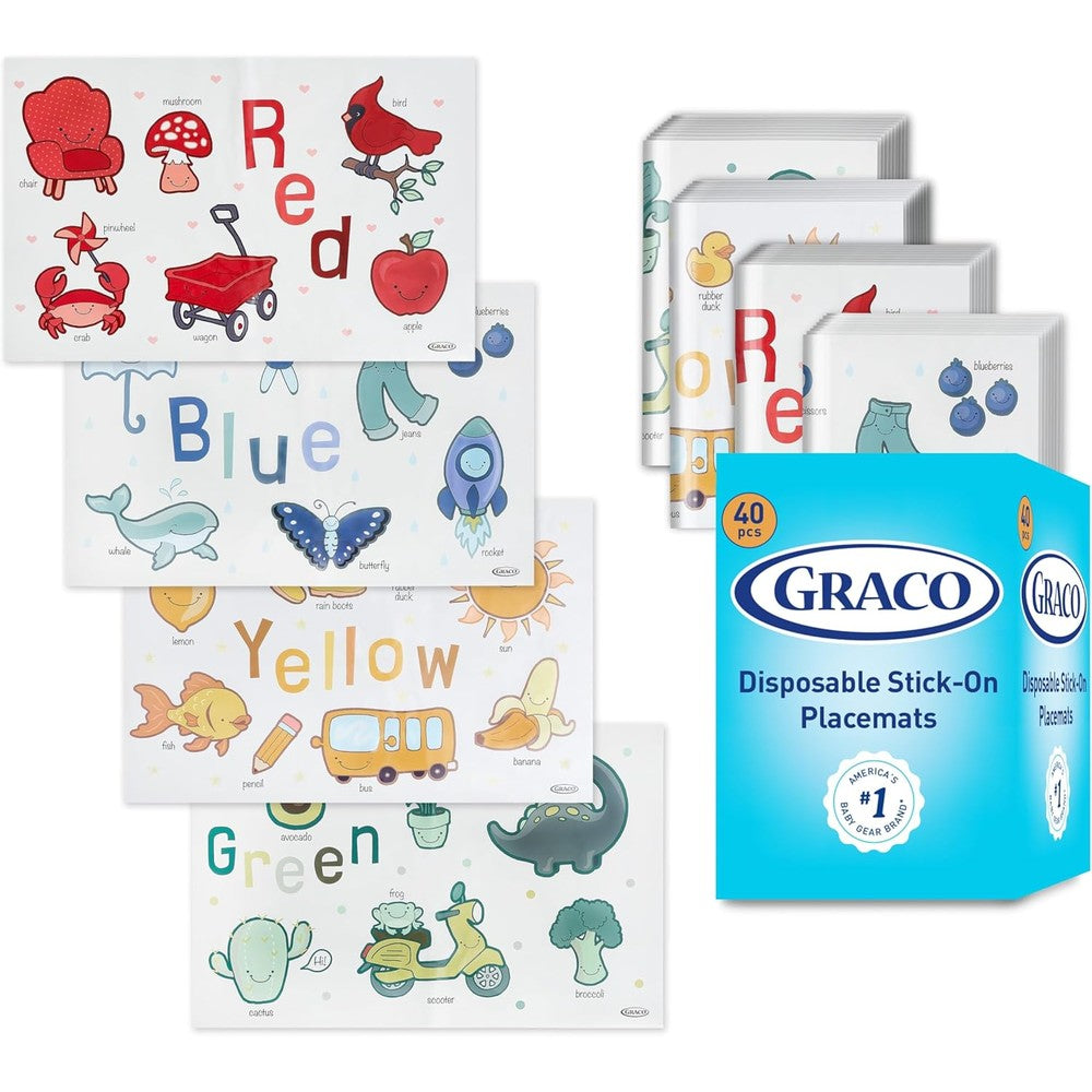 Graco Baby Disposable Stick On Placemats forty pack front packaging view featuring color learning designs.