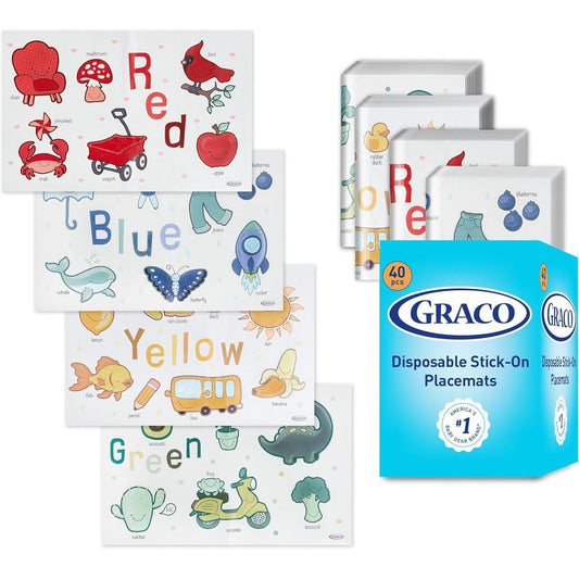 Graco Baby Disposable Stick On Placemats forty pack front packaging view featuring color learning designs.