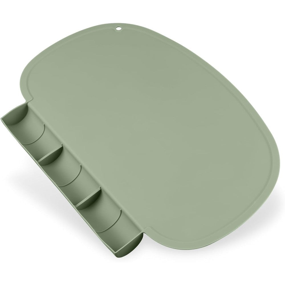 Kalovin silicone baby placemat front view showing sage green color and deep food catching pocket.