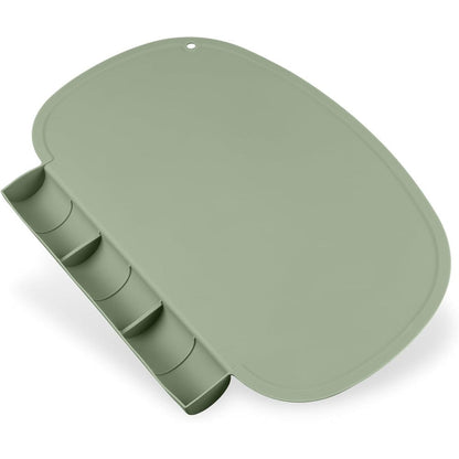 Kalovin silicone baby placemat front view showing sage green color and deep food catching pocket.