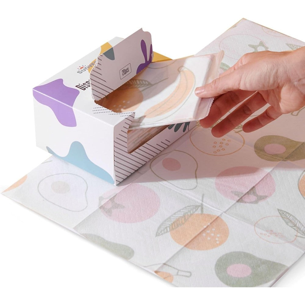 SUNVENO Disposable Baby Placemats front view showing the pack of twenty individually wrapped fruit pattern table mats for toddlers