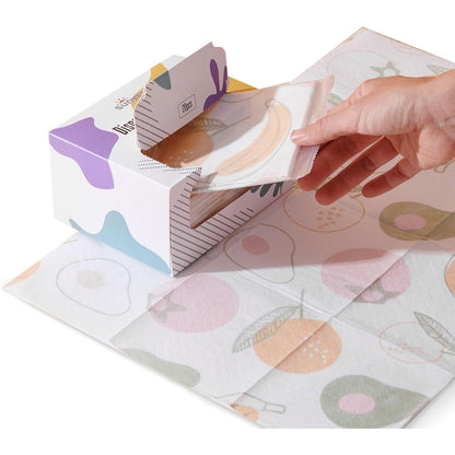SUNVENO Disposable Baby Placemats front view showing the pack of twenty individually wrapped fruit pattern table mats for toddlers
