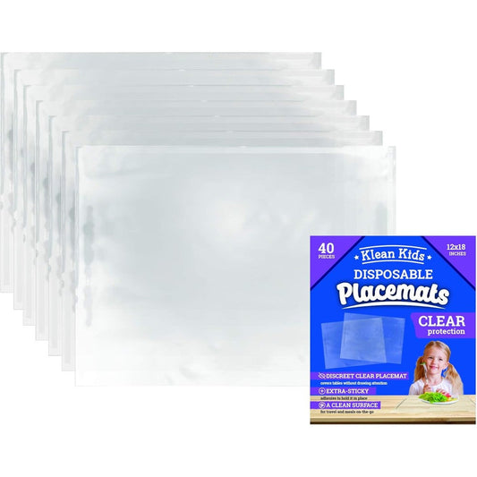 Klean Kids clear disposable placemats front view package showcasing transparent protective table mats