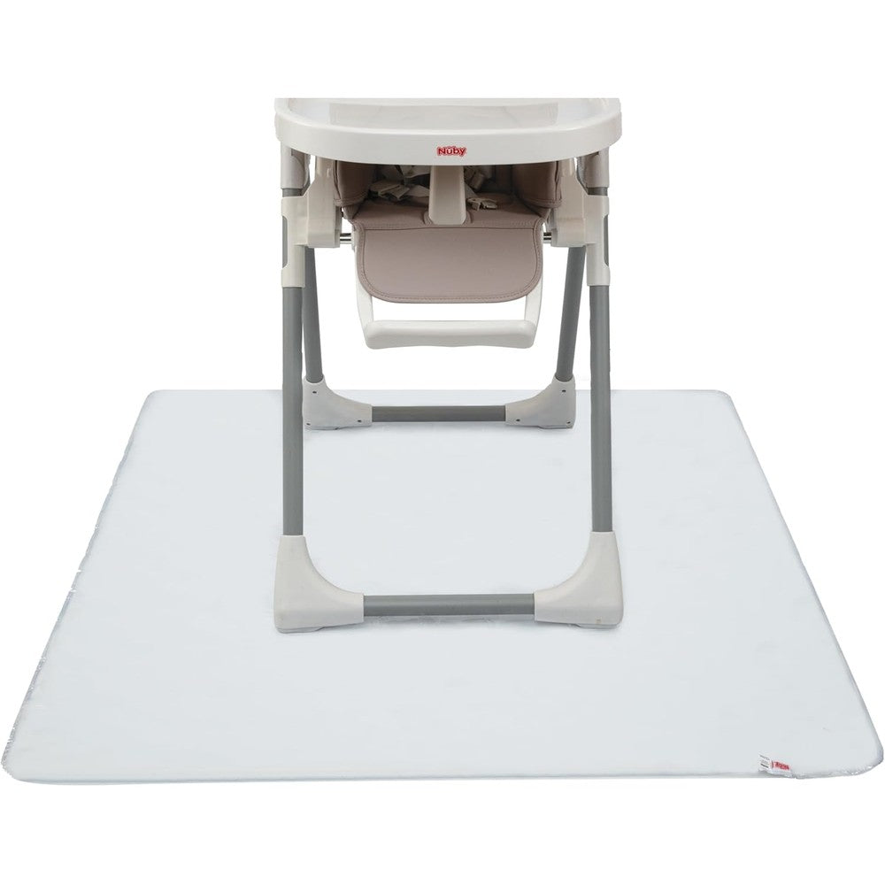 Nuby High Chair Square Floor Mat front view under a modern baby high chair protecting a wooden kitchen floor