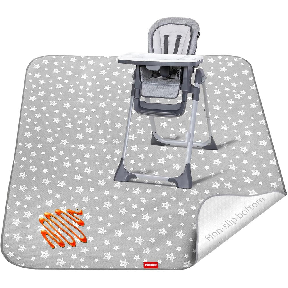 Moonsea high chair splat mat front view showcasing the grey star pattern under a baby feeding chair.