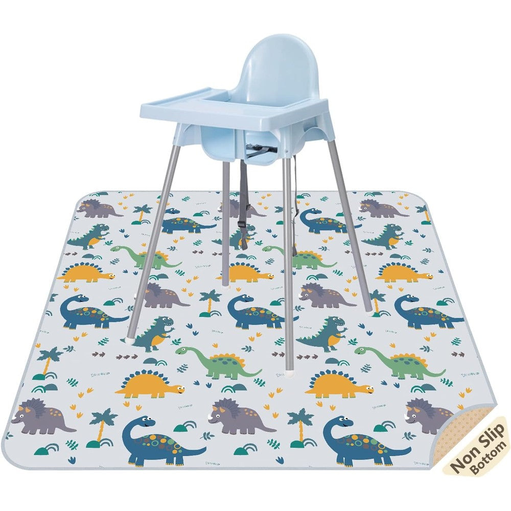 CLCROBD splat floor mat under high chair front view showing dinosaur print